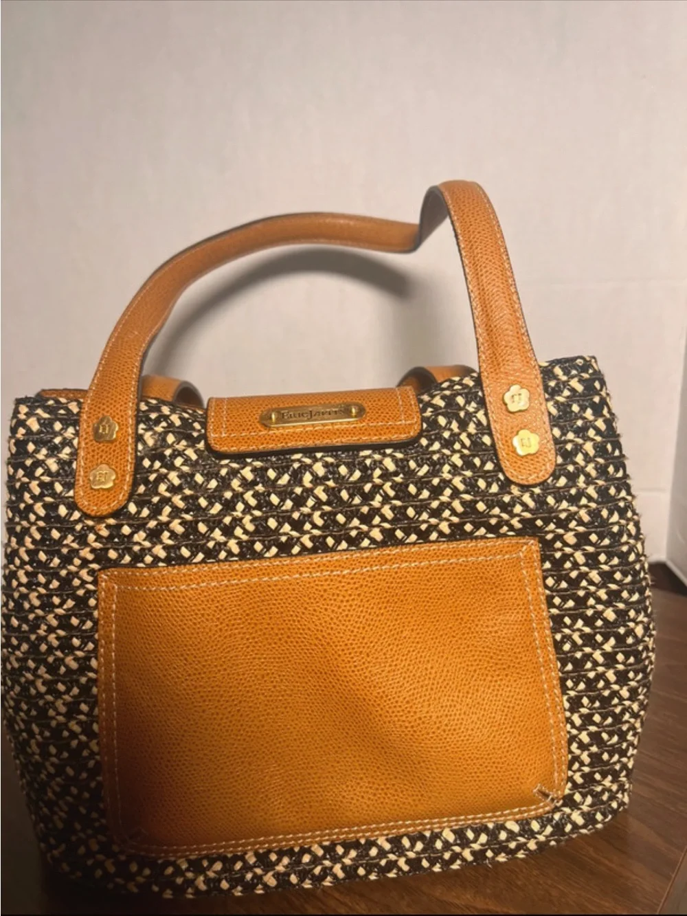 Eric Javits -New York Black & Tan Hand Bag with Tan Leather Trim